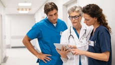 Healthcare providers standing in a hallway in a clinic