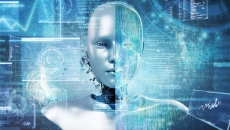 Artificial Intelligence robot and a futuristic data panel background