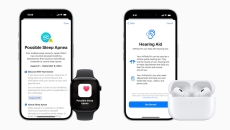 Apple products showing hearing aid and sleep apnea apps on iPhone