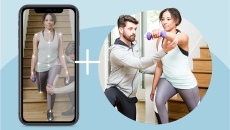 A woman doing physical therapy guided by an app, and the same woman being helped by a physical therapist.