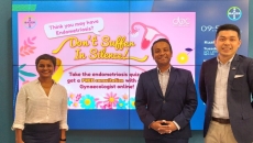 Yamini Prakash, Country Division Head of Bayer Pharmaceuticals Malaysia, Singapore and Brunei; Maran Virumandi, CEO and Founder of DoctorOnCall; and Chiak Tang, COO of DoctorOnCall pose for a photo during the launch of their telehealth platform dedicated to endometriosis.