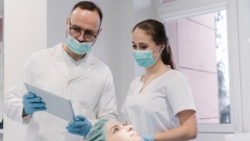 Dentist and his assistant using tablet in the process of treating teeth of patient