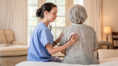 Nurse listening to chest of patient in home
