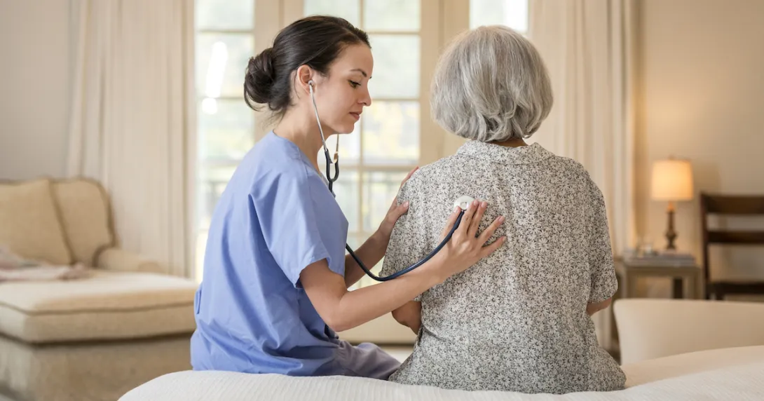 Two people sitting on a bed in a home with one being a healthcare provider checking the other one's vitals