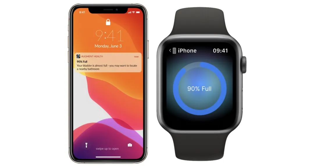 The Augment Health app on a smartphone and Apple Watch displaying a "90% full" warning.