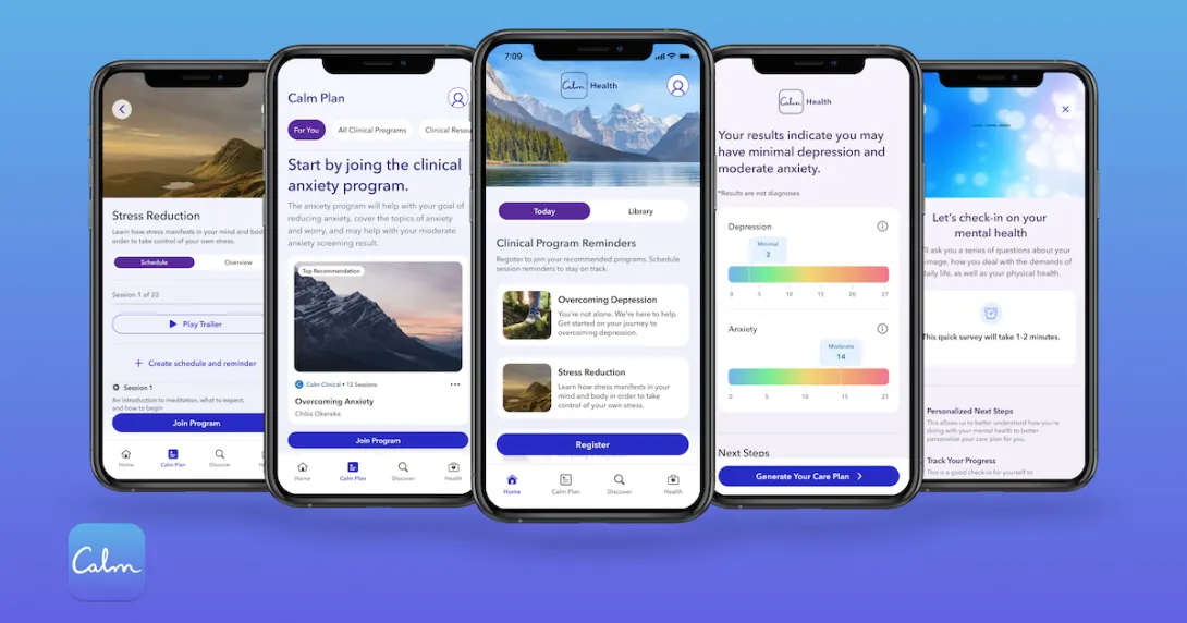 Multiple smartphones displaying the Calm Health offering including an anxiety and stress reduction program.
