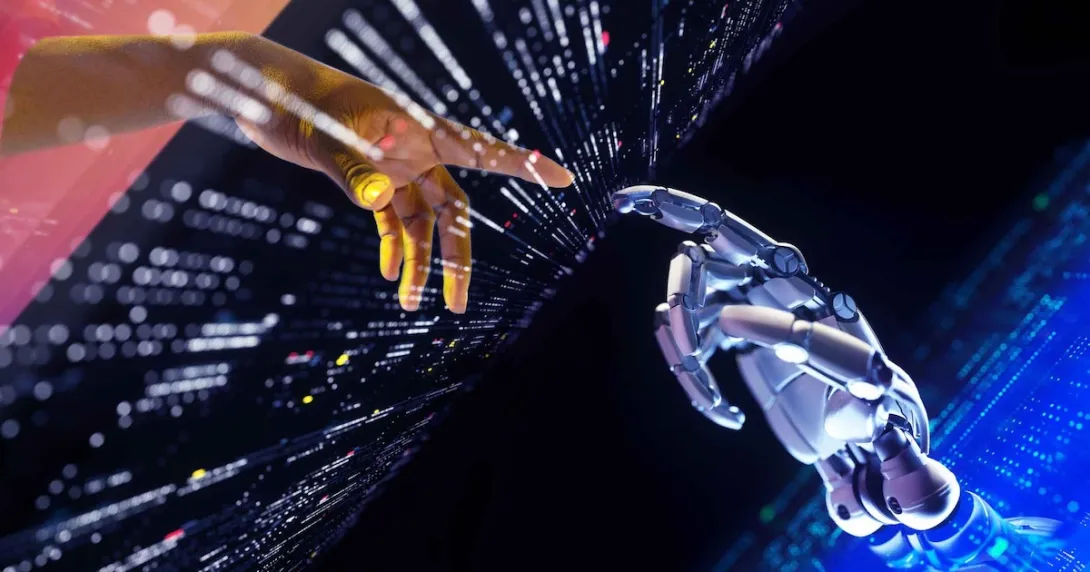 Digitally generated image of a human hand reaching out for a robotic hand