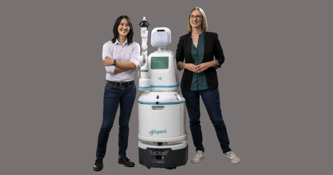 Diligent Robotics cofounders Andrea Thomaz and Vivian Chu with the Moxi robot