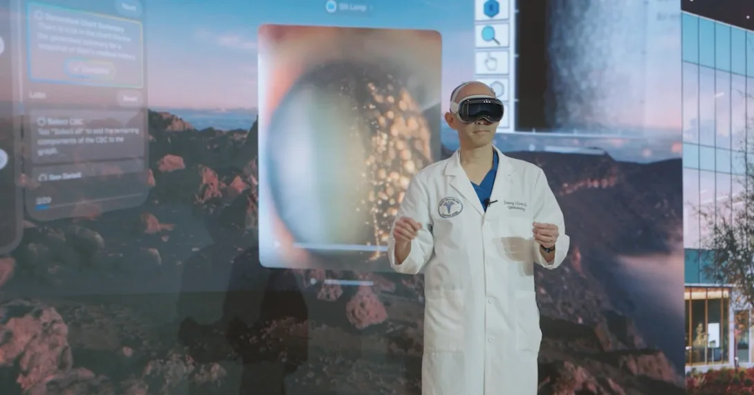 Healthcare provider wearing an augmented reality headset and surrounded by a virtual environment