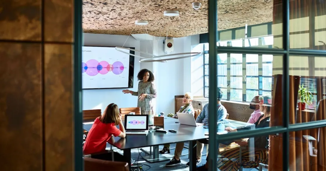 A woman pitching her startup to partners