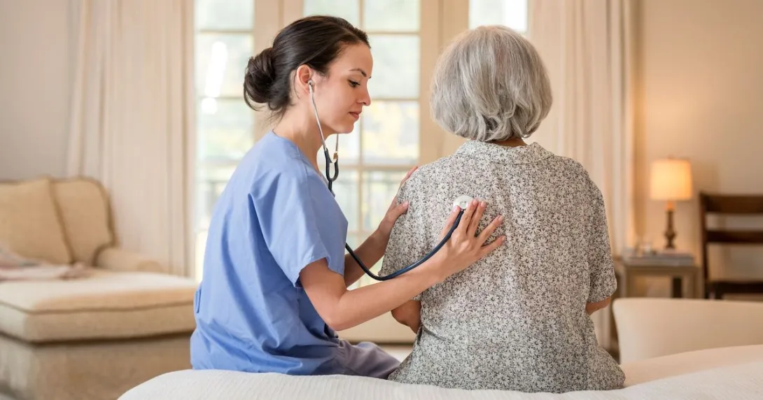 A provider listening to a patient's heartbeat in their home.